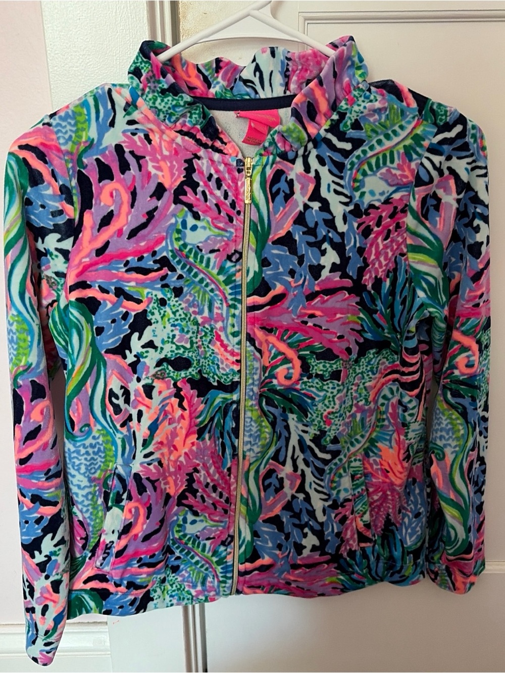 Lilly Pulitzer Neon Coral Pink & Aqua Zip-Front Bomber Jacket